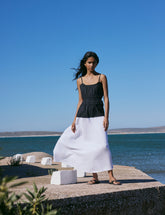 Black And White Shirred Waist Alina Midi Dress