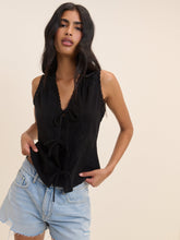 (HOLD) Black Embroidered Tie Front Top