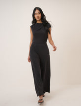 Black Boat Neck Jersey Sleeveless Jersey Jumpsuit