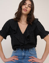 Black Embroidered Ruffle Trim Top