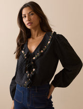 Black Embroidered Floral Ruffle Trim Top