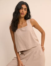 Beige Linen-Blend Swing Top