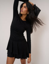 Black Long Sleeve Tiered Yuki Jersey Mini Dress
