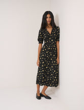 Black Floral Puff Sleeve Saffy Midi Dress