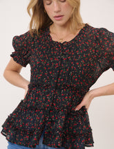 Black Floral Scoop Neck Top
