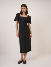 Black Linen-Blend Puff Sleeve Midi Dress