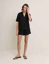 Black Collared Linen-Blend T-Shirt