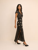Black Polka Dot Lace Trim Satin Gloria Maxi Dress