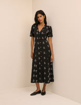 Black Floral Embroidered Button Front Zeyna Midi Dress