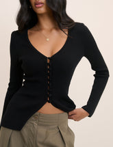 (HOLD) Black V-Neck Button Through Waisted Cardigan