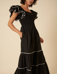 Black Contrast Trim Frill Shoulder Midi Dress