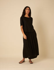 Black Linen-blend Short Sleeve Top
