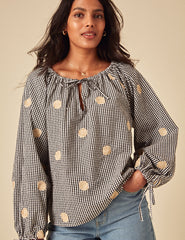 Black Gingham Shell Embroidered Poet Blouse