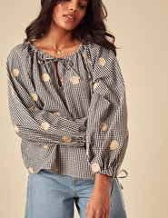 Black Gingham Shell Embroidered Poet Blouse