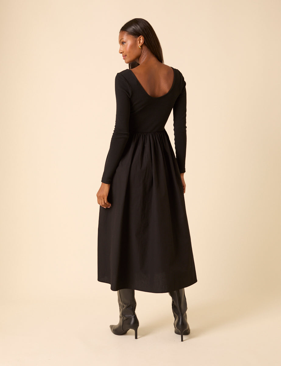 Black Scoop Neck A-Line Midi Dress