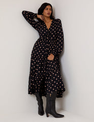 Black Polka Dot Balloon Sleeve Sofia Midi Dress