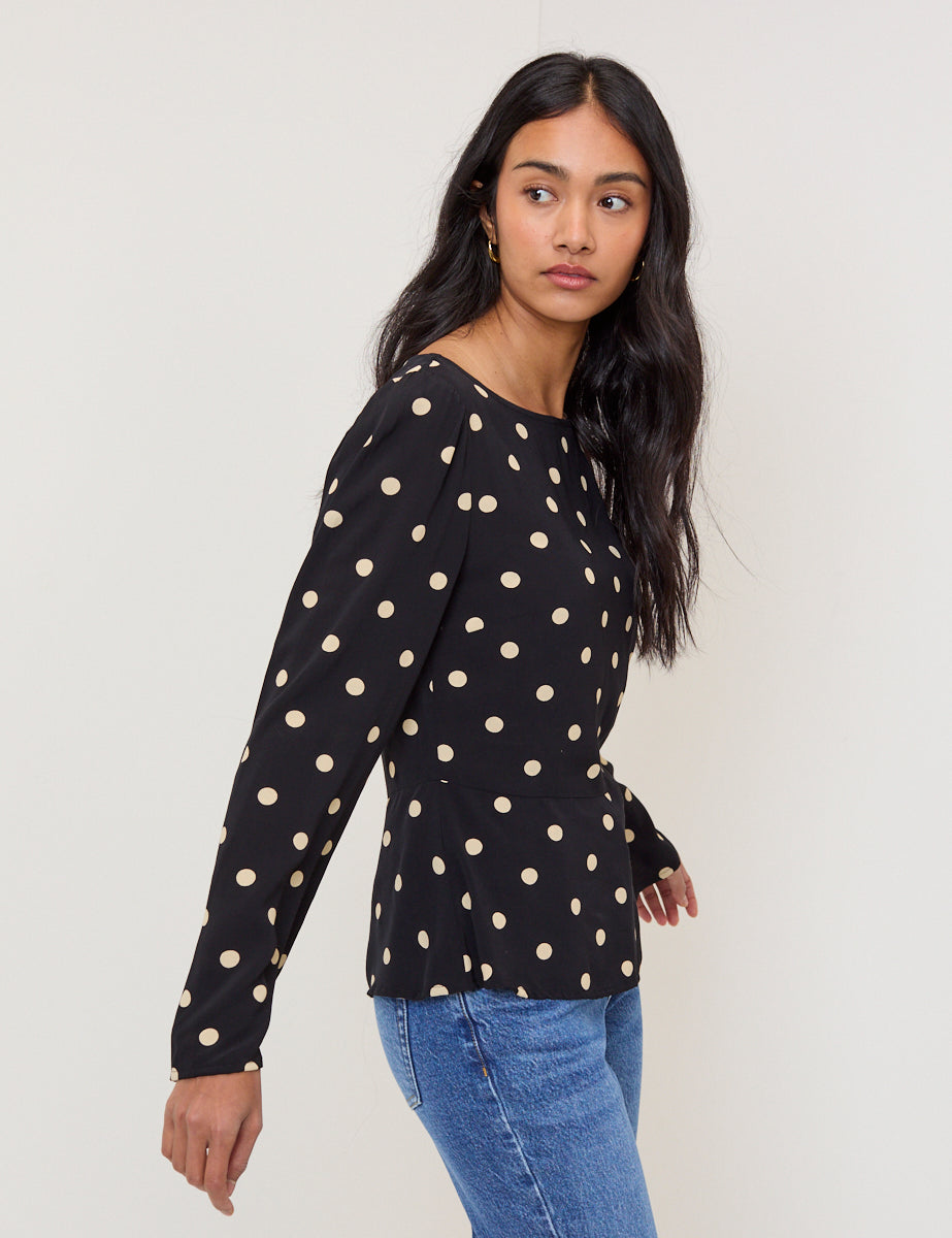 Black Polka Dot Flute Sleeve Blouse