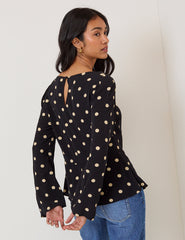 Black Polka Dot Flute Sleeve Blouse