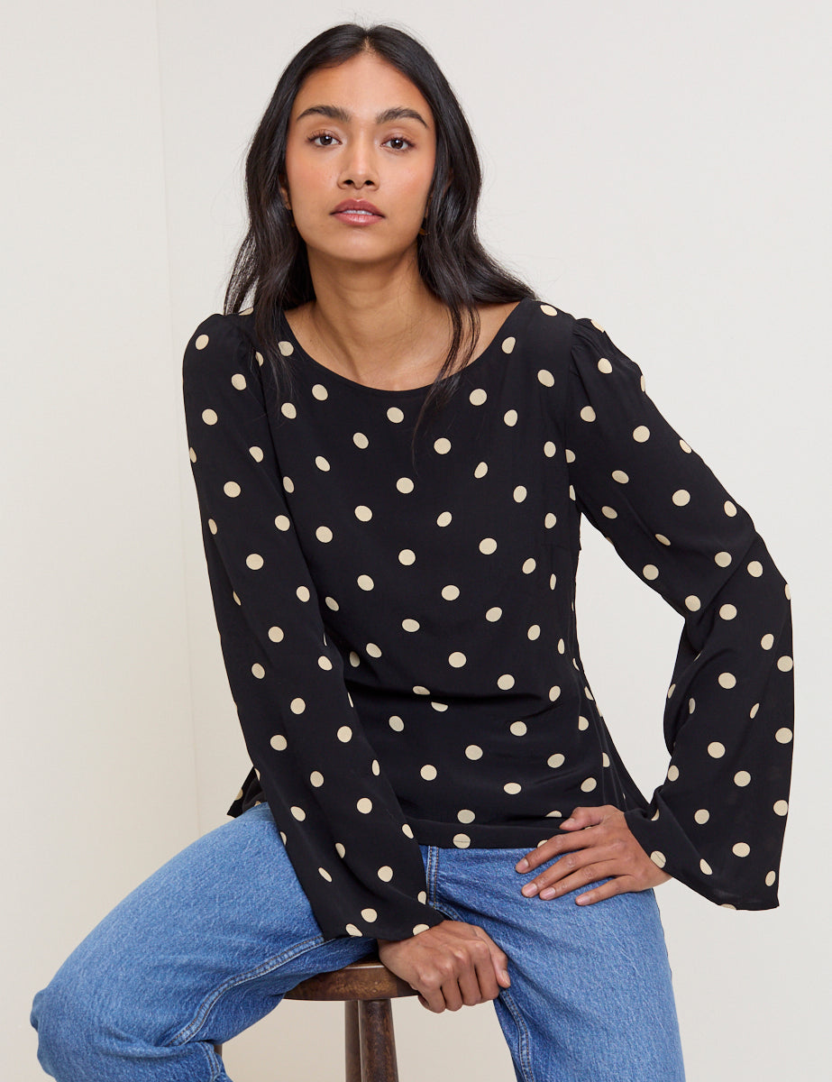 Black Polka Dot Flute Sleeve Blouse