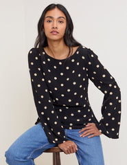 Black Polka Dot Flute Sleeve Blouse