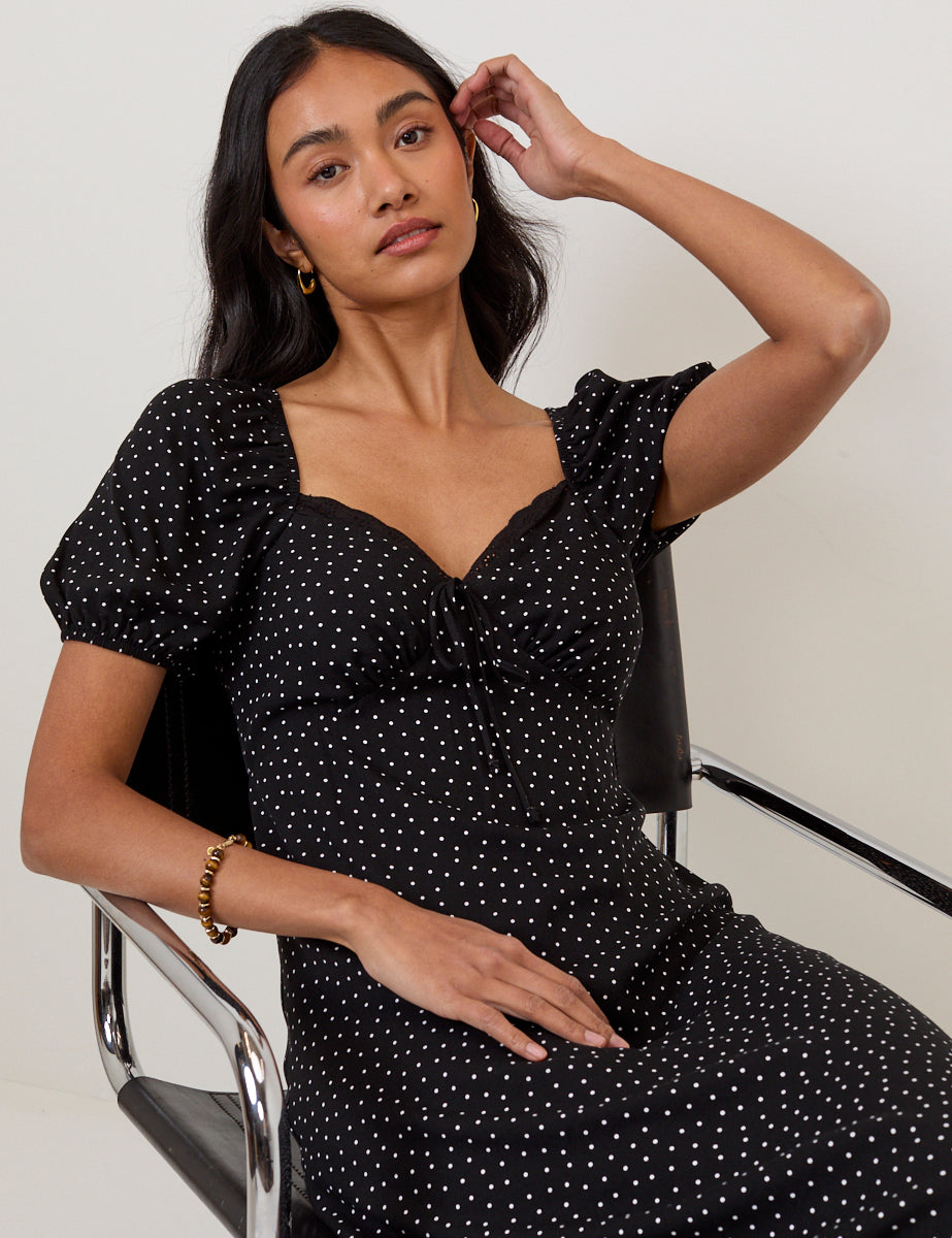Black Polka Dot Lace Trim Keka Midi Dress