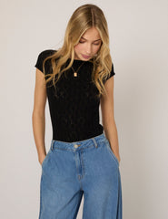 Black Pointelle Knitted T-Shirt