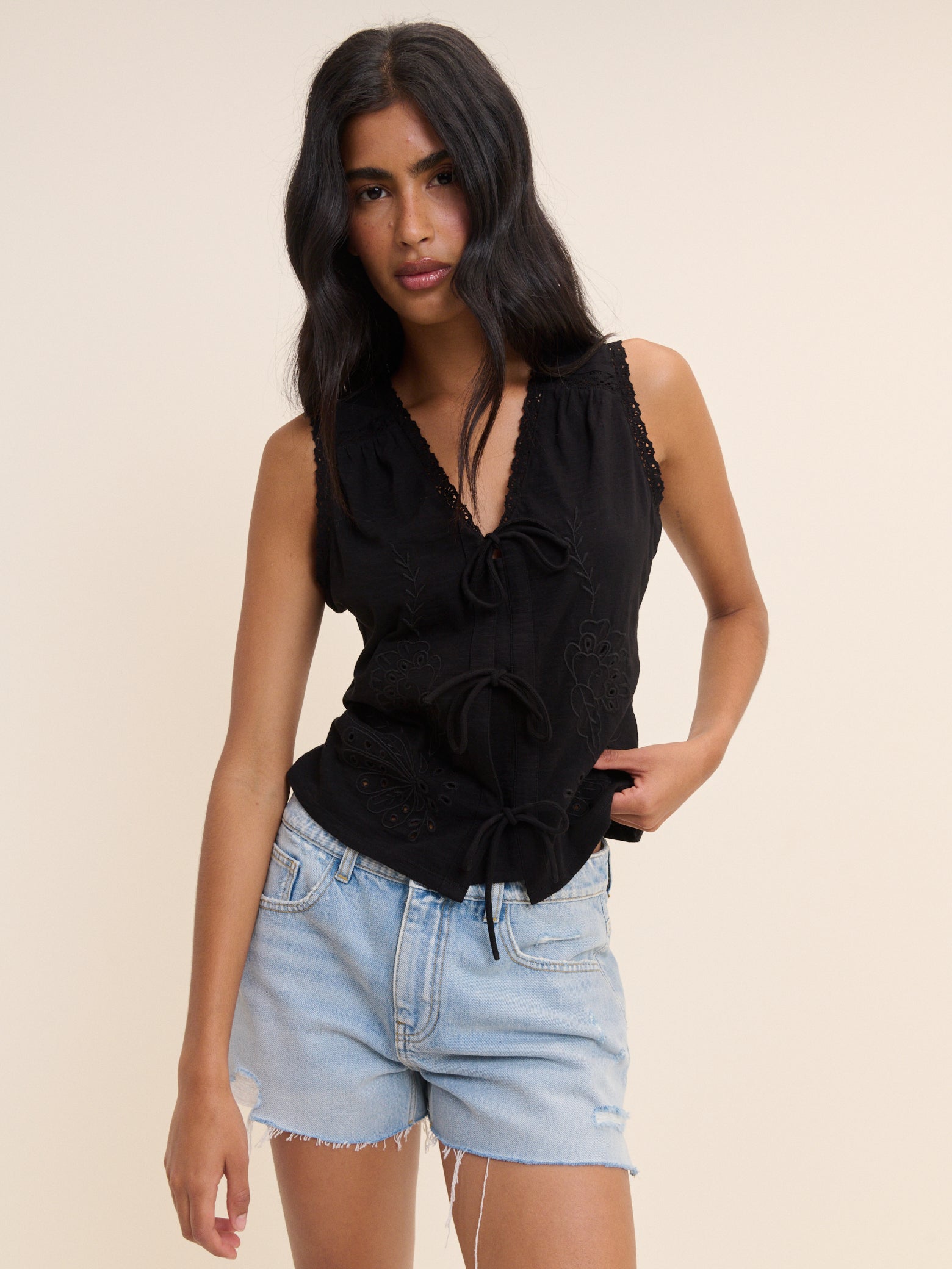 (HOLD) Black Embroidered Tie Front Top