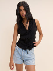 (HOLD) Black Embroidered Tie Front Top