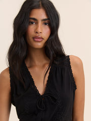 (HOLD) Black Embroidered Tie Front Top