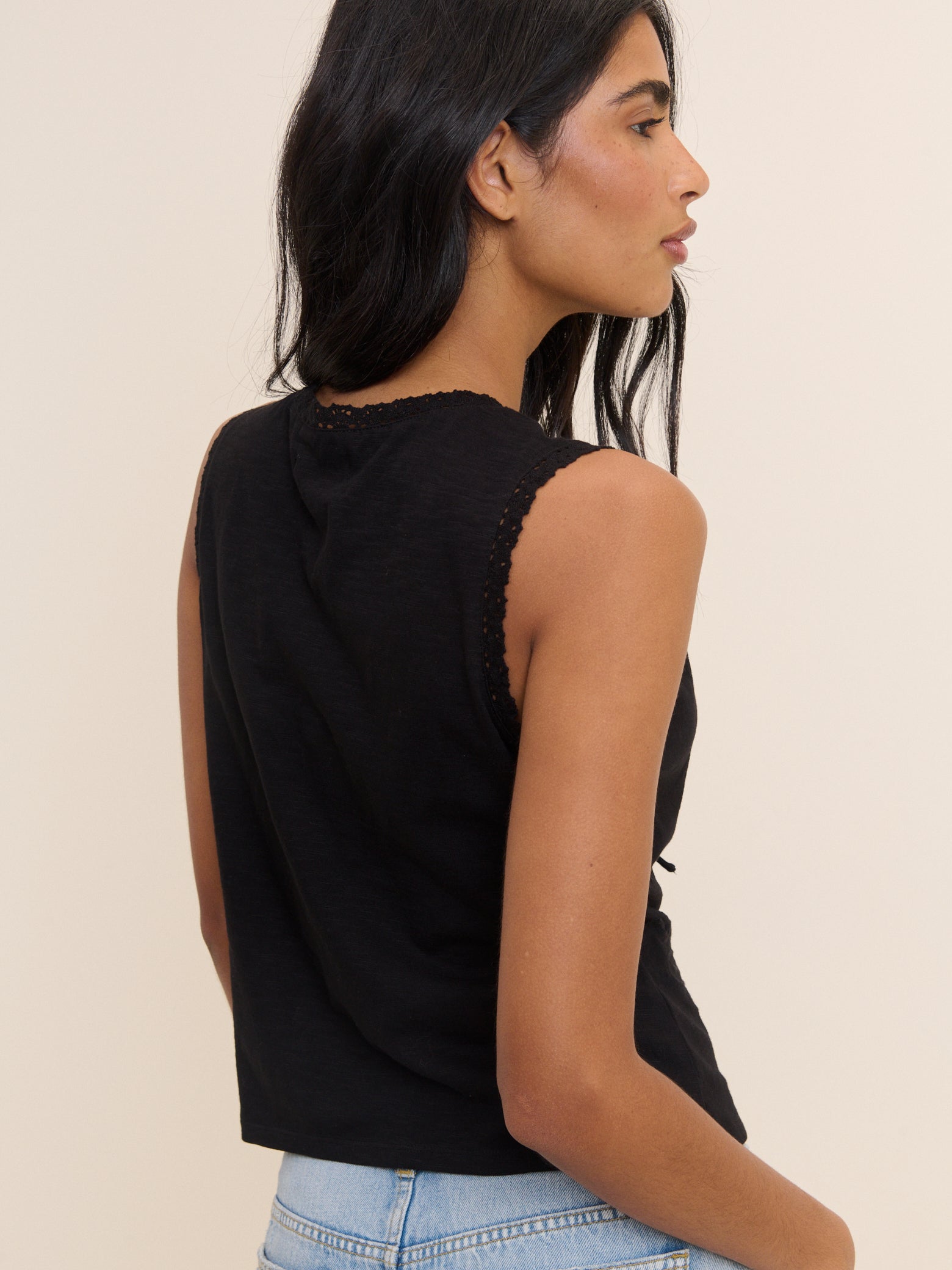 (HOLD) Black Embroidered Tie Front Top