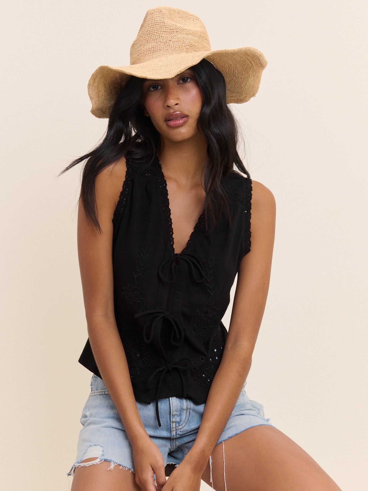 (HOLD) Black Embroidered Tie Front Top