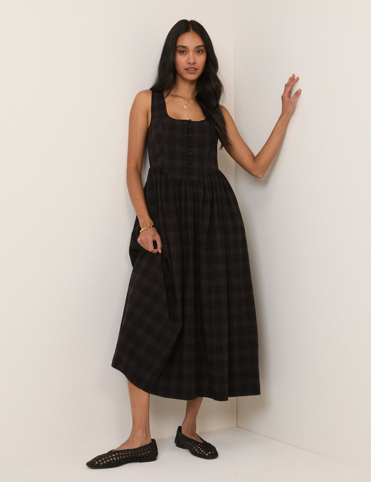 Black Check Linen-Blend Cora Midi Dress
