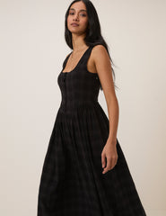 Black Check Linen-Blend Cora Midi Dress