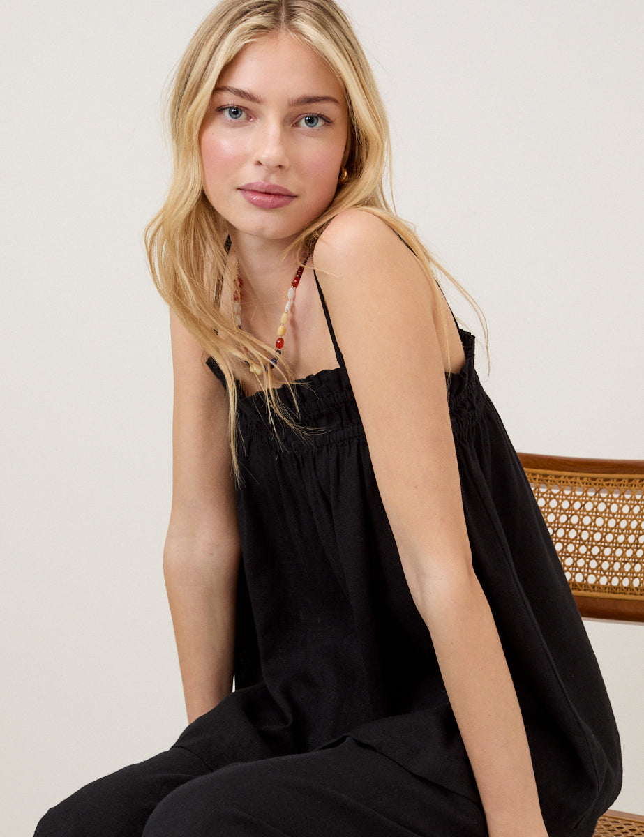 Black Linen-Blend Ruched Bandeau Top