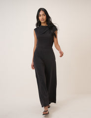 Black Boat Neck Jersey Sleeveless Jersey Jumpsuit