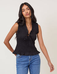 Black Shirred V-Neck Top