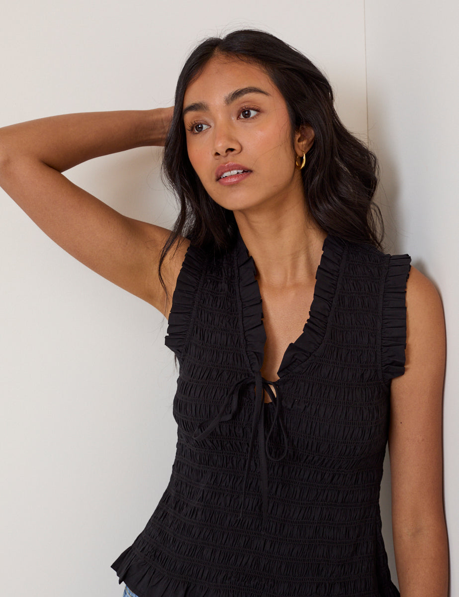 Black Shirred V-Neck Top