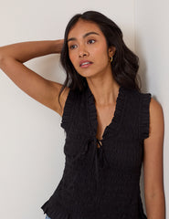 Black Shirred V-Neck Top