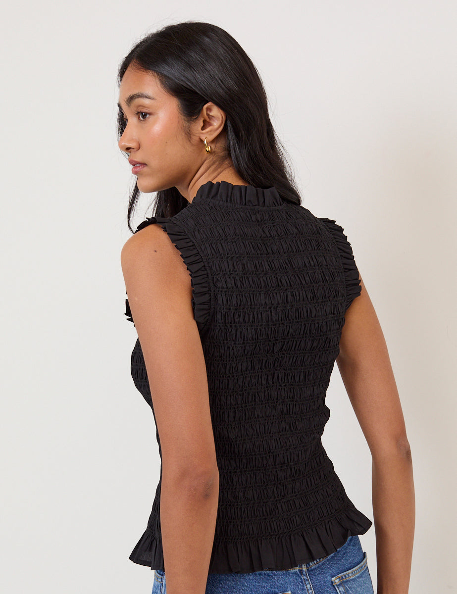 Black Shirred V-Neck Top