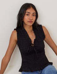 Black Shirred V-Neck Top