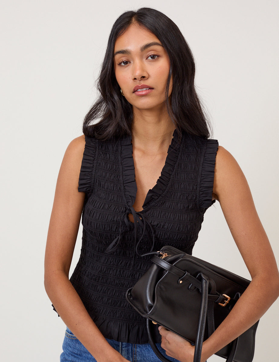 Black Shirred V-Neck Top