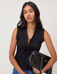 Black Shirred V-Neck Top