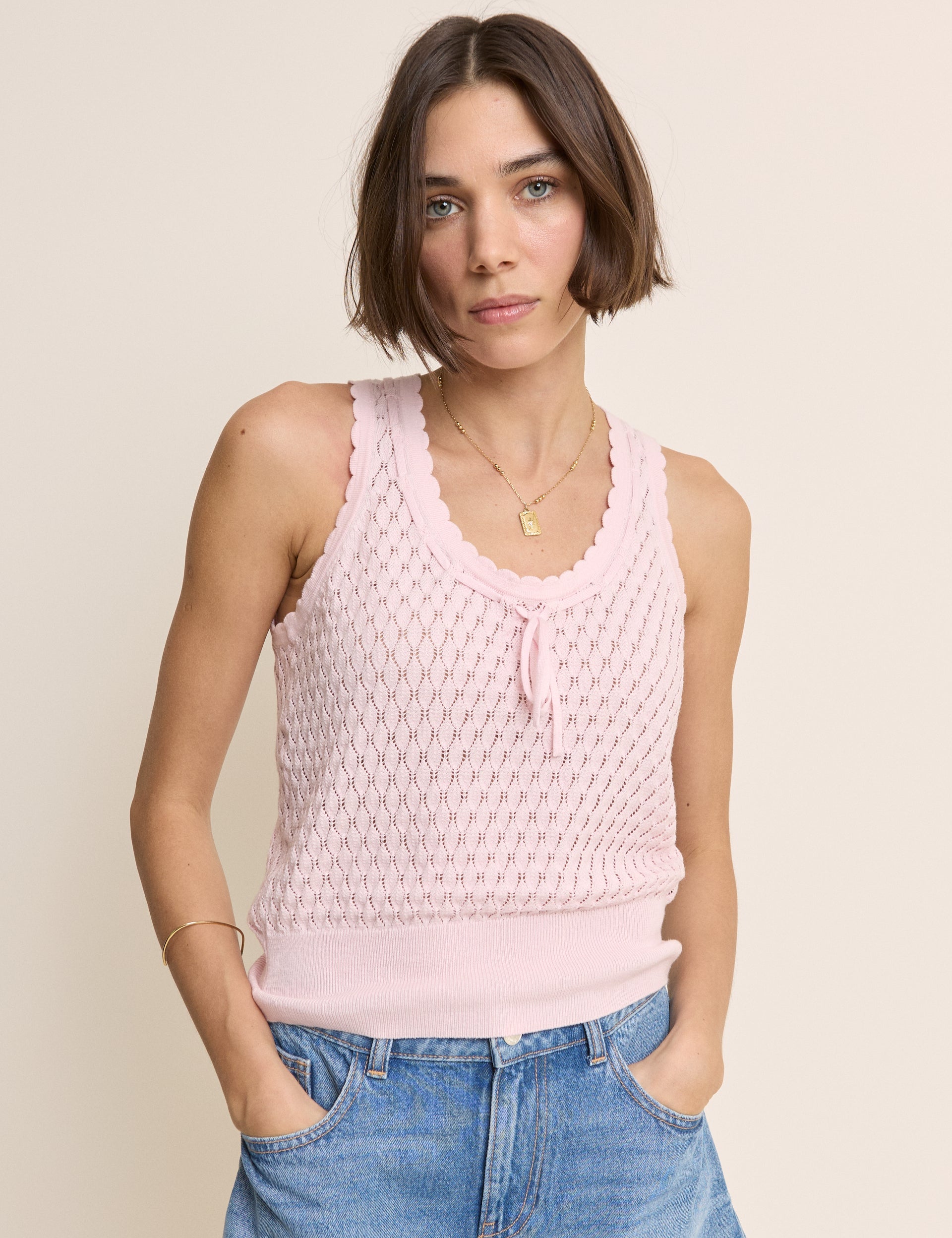 Baby Pink Pointelle Cami with Neck Tie