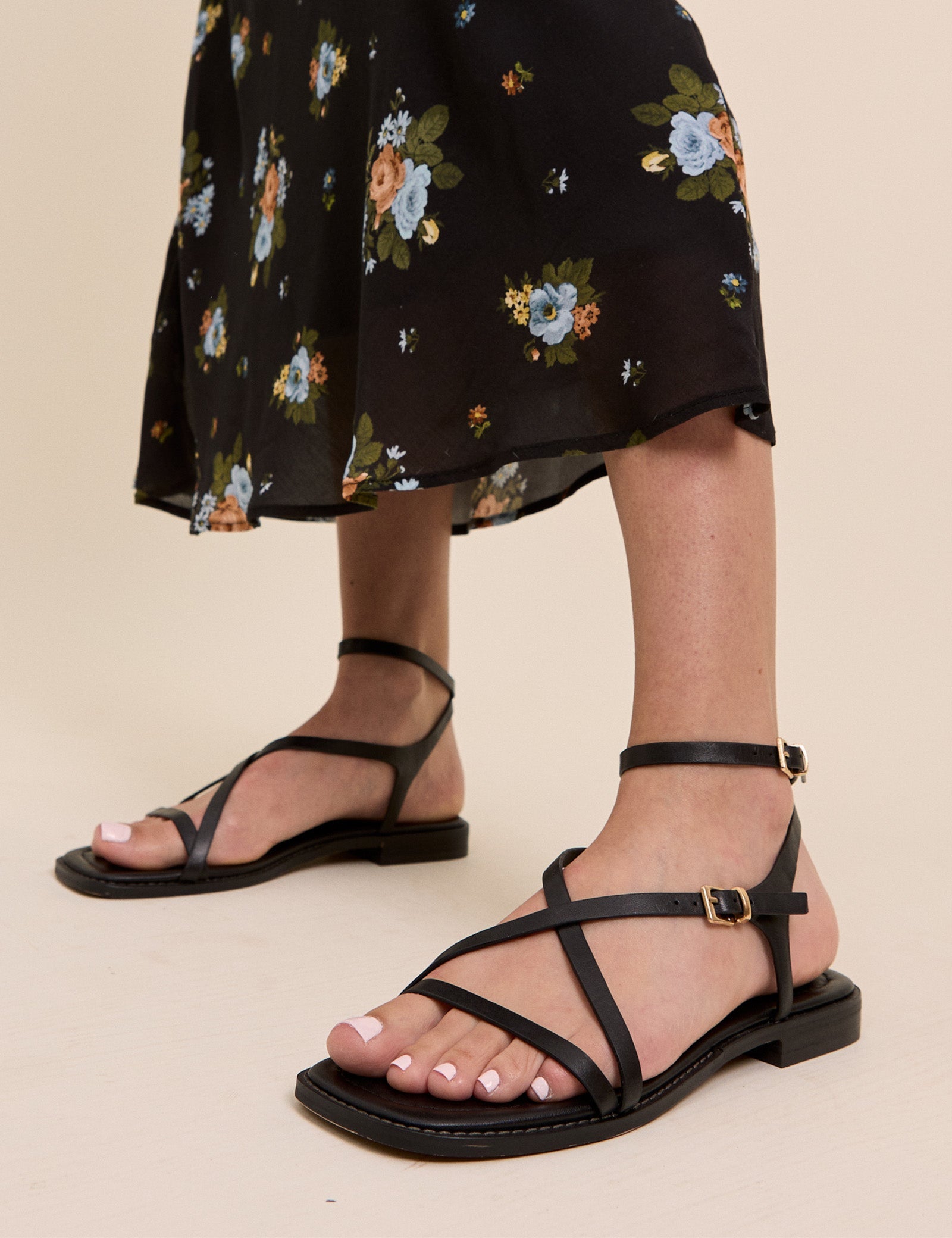 Black Leather Square Toe Strappy Sandals