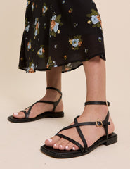 Black Leather Square Toe Strappy Sandals