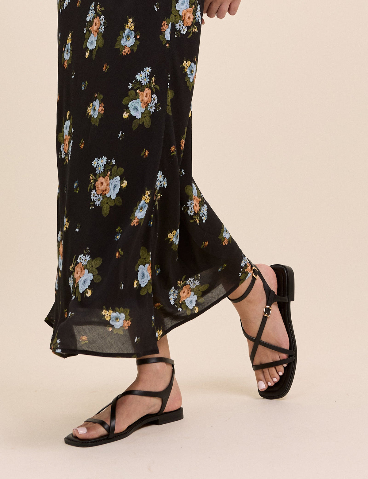 Black Leather Square Toe Strappy Sandals