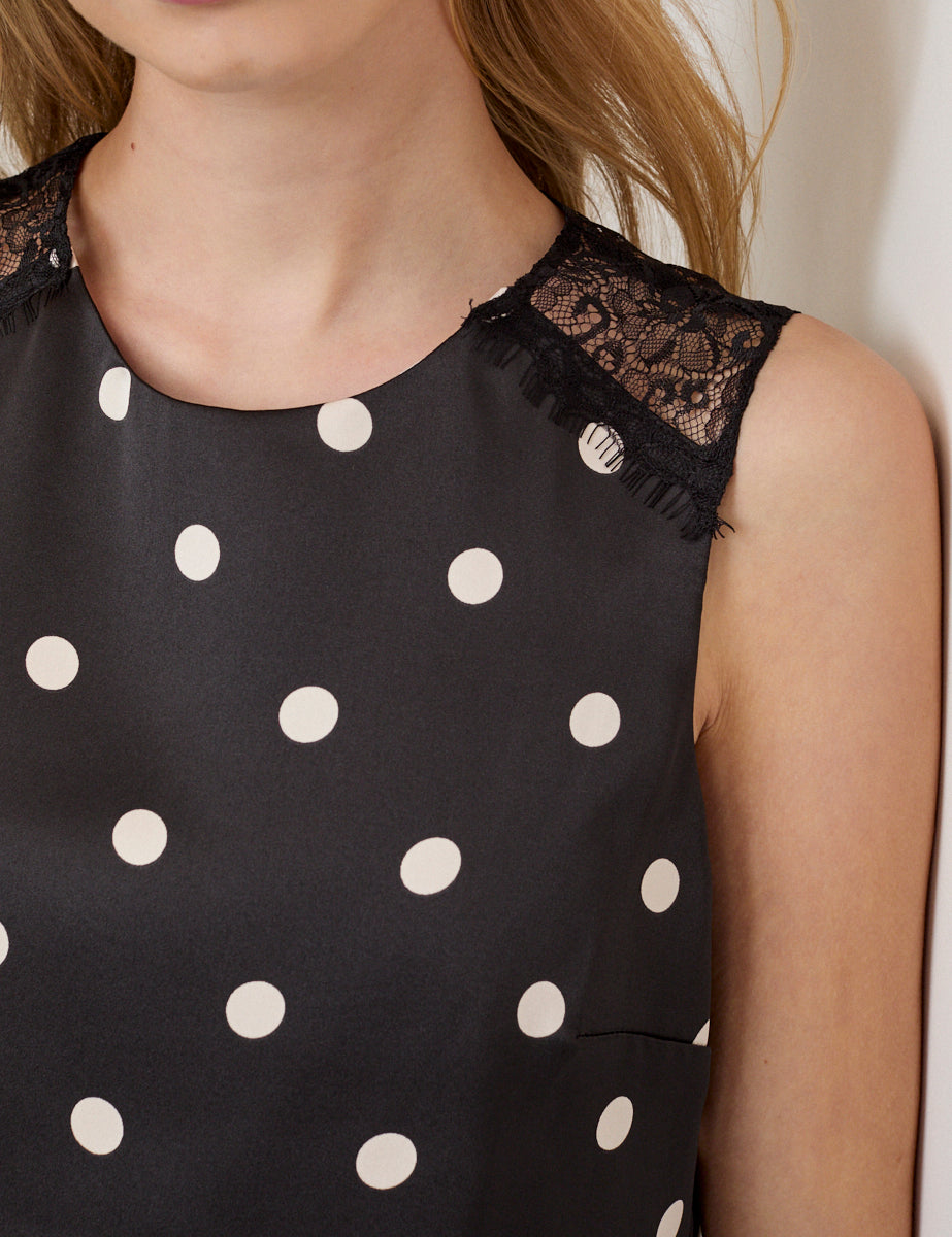 Black Polka Dot Lace Trim Sasha Mini Shift Dress