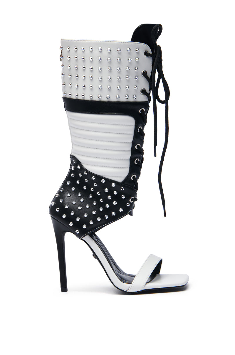 AZALEA WANG ALBERTO BLACK WHITE STUDDED OPEN TOE BOOT