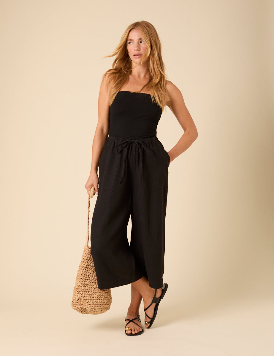 Black Linen-Blend Cropped Shona Trousers