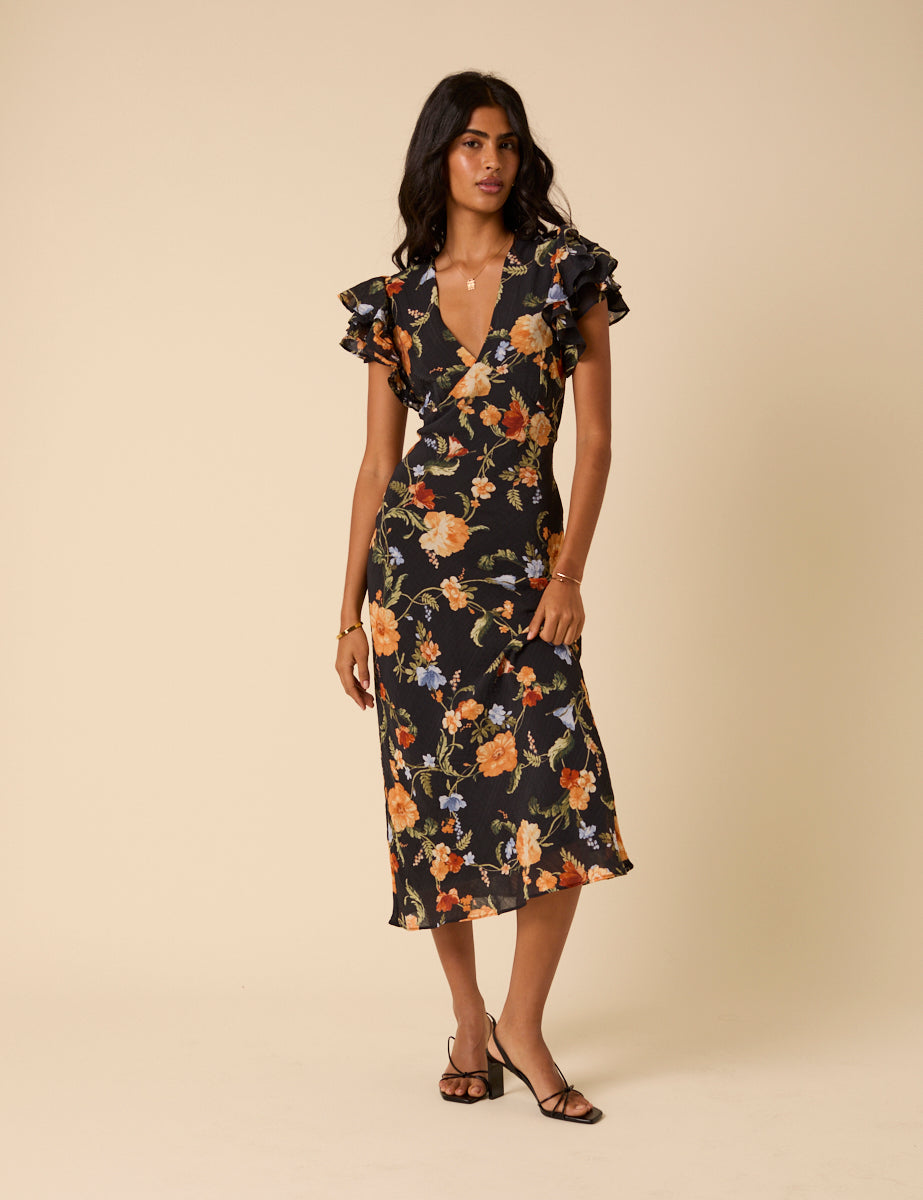 Black Floral Frill Sleeve Layla Midi Dress